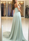 A-line/Princess Sweetheart Sleeveless Sweep Train Chiffon Prom Dress With Lace Waistband - dennisdresses
