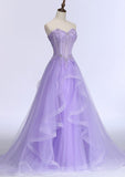 A-line/Princess Sweetheart Sleeveless Sweep Train Tulle Prom Dress With Beading Appliqued