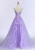 A-line/Princess Sweetheart Sleeveless Sweep Train Tulle Prom Dress With Beading Appliqued - dennisdresses