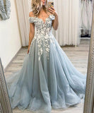 A-Line/Princess Tulle Applique Off-the-Shoulder Sleeveless Sweep/Brush Train Dresses