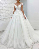 A-Line/Princess Tulle Lace Scoop Short Sleeves Sweep/Brush Train Wedding Dresses