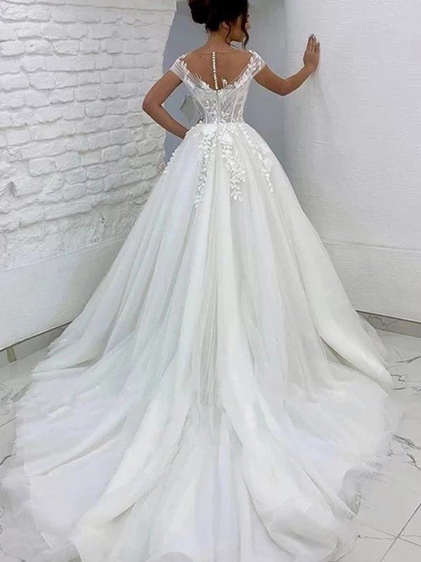 A-Line/Princess Tulle Lace Scoop Short Sleeves Sweep/Brush Train Wedding Dresses - dennisdresses