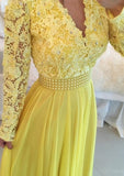 A-Line/Princess V-Neck Floor-Length Chiffon Prom Dresses With Imitation Pearl Lace Beaded - dennisdresses