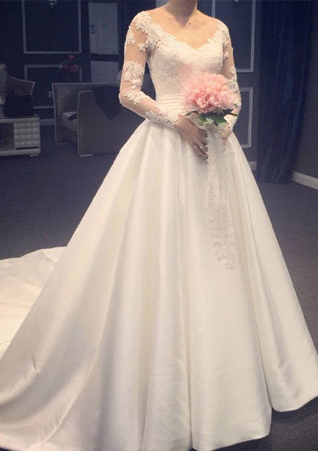 A-line/Princess V Neck Full/Long Sleeve Chapel Train Satin Wedding Dress With Appliqued - dennisdresses