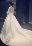 A-line/Princess V Neck Full/Long Sleeve Chapel Train Satin Wedding Dress With Appliqued - dennisdresses