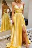 A-line/Princess V Neck Long/Floor-Length Charmeuse Prom Dress With Split