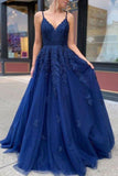 A-line/Princess V Neck Long/Floor-Length Lace Prom Dresses