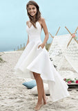 A-line/Princess V Neck Sleeveless Asymmetrical Elastic Satin Wedding Dress - dennisdresses
