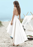 A-line/Princess V Neck Sleeveless Asymmetrical Elastic Satin Wedding Dress - dennisdresses
