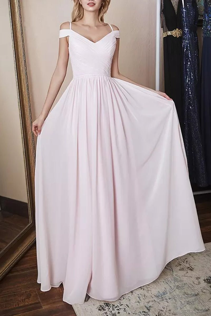 A-line/Princess V Neck Sleeveless Long/Floor-Length Chiffon Bridesmaid Dress With Pleated - dennisdresses
