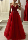 A-line/Princess V Neck Sleeveless Long/Floor-Length Prom Dress With Appliqued Beading - dennisdresses