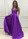 A-line/Princess V Neck Sleeveless Long/Floor-Length Satin Prom Dress With Pleated