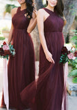 A-line/Princess V Neck Sleeveless Long/Floor-Length Tulle Bridesmaid Dresses With Pleated