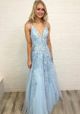 A-line/Princess V Neck Sleeveless Long/Floor-Length Tulle Prom Dress With Appliqued - dennisdresses