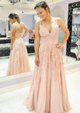 A-line/Princess V Neck Sleeveless Long/Floor-Length Tulle Prom Dress With Appliqued - dennisdresses