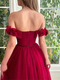 A-Line Prom Dresses Floral Dress Wedding Guest Sweep / Brush Train Short Sleeve Off Shoulder Tulle with Slit Strappy 2023
