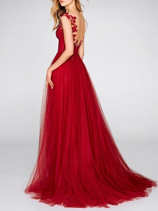 A-Line Evening Gown Sexy Dress Engagement Court Train Sleeveless V Neck Chiffon with Slit Appliques 2023