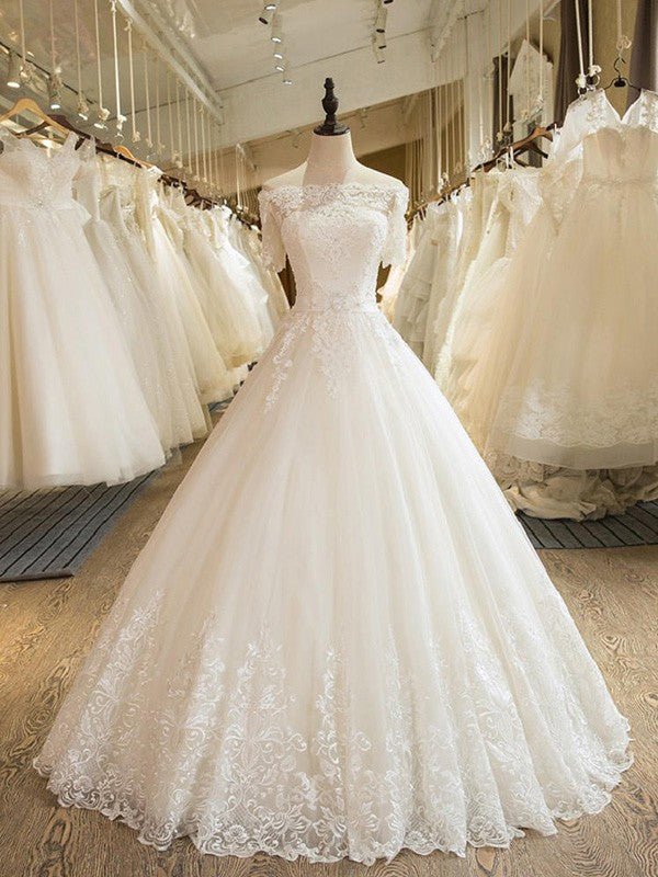 Ball Gown 1/2 Sleeves Off-the-Shoulder Floor-Length Applique Lace Tulle Wedding Dresses - dennisdresses