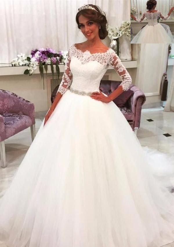 Ball Gown Bateau 3/4 Sleeve Court Train Tulle Wedding Dress With Lace Waistband - dennisdresses