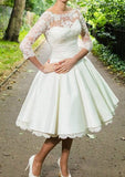 Ball Gown Bateau 3/4 Sleeve Knee-Length Satin Wedding Dress With Lace - dennisdresses