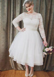 Ball Gown Bateau 3/4 Sleeve Tea-Length Tulle Wedding Dress With Lace - dennisdresses