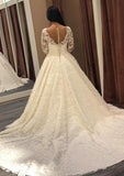 Ball Gown Bateau Full/Long Sleeve Chapel Train Lace Wedding Dress - dennisdresses