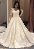 Ball Gown Bateau Full/Long Sleeve Chapel Train Lace Wedding Dress