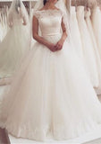 Ball Gown Bateau Sleeveless Long/Floor-Length Tulle Wedding Dress With Lace Waistband Hem