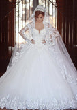 Ball Gown Off-The-Shoulder Cathedral Train Tulle Wedding Dresses With Appliqued Lace