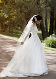 Ball Gown Off-the-Shoulder Full/Long Sleeve Sweep Train Satin Wedding Dress With Lace Pleated - dennisdresses