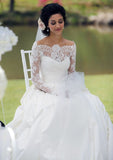 Ball Gown Off-the-Shoulder Full/Long Sleeve Sweep Train Satin Wedding Dress With Lace Pleated