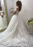 Ball Gown Off-the-Shoulder Short Sleeve Court Train Tulle Wedding Dress With Appliqued - dennisdresses