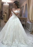 Ball Gown Off-the-Shoulder Short Sleeve Court Train Tulle Wedding Dress With Appliqued - dennisdresses