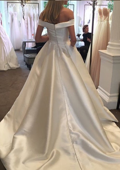 Ball Gown Off-the-Shoulder Sleeveless Court Train Satin Wedding Dress With Waistband - dennisdresses