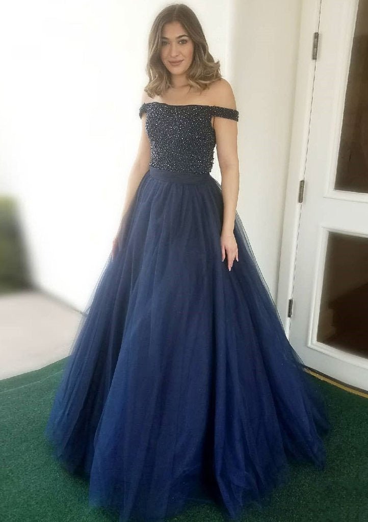 Ball Gown Off-the-Shoulder Sleeveless Long/Floor-Length Tulle Prom Dress With Beading - dennisdresses