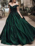 Ball Gown Off-the-Shoulder Sleeveless Sweep Train Satin Prom Dress With Appliqued Beading - dennisdresses