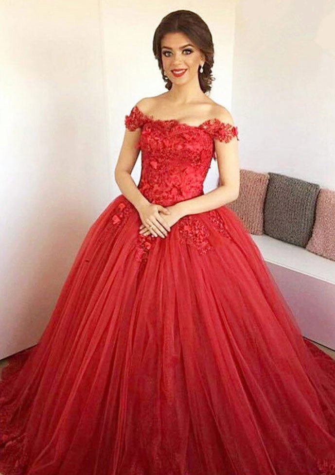 Ball Gown Off-the-Shoulder Sleeveless Sweep Train Tulle Prom Dress With Appliqued - dennisdresses