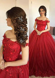 Ball Gown Off-the-Shoulder Sleeveless Sweep Train Tulle Prom Dress With Appliqued - dennisdresses