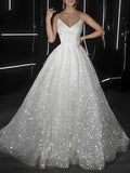 Ball Gown Prom Dresses Glittering Dress Wedding Party Court Train Sleeveless Spaghetti Strap Tulle with Sequin 2023 - dennisdresses