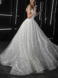 Ball Gown Prom Dresses Glittering Dress Wedding Party Court Train Sleeveless Spaghetti Strap Tulle with Sequin 2023