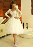 Ball Gown Scalloped Neck Full/Long Sleeve Knee-Length Lace Wedding Dress With Appliqued