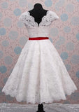 Ball Gown Scalloped Neck Sleeveless Tea-Length Lace Wedding Dress With Sashes - dennisdresses