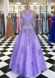 Ball Gown Scoop Neck Sleeveless Long/Floor-Length Tulle Prom Dress With Appliqued Beading