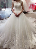 Ball Gown Sleeveless Bateau Applique Chapel Train Tulle Wedding Dresses - dennisdresses