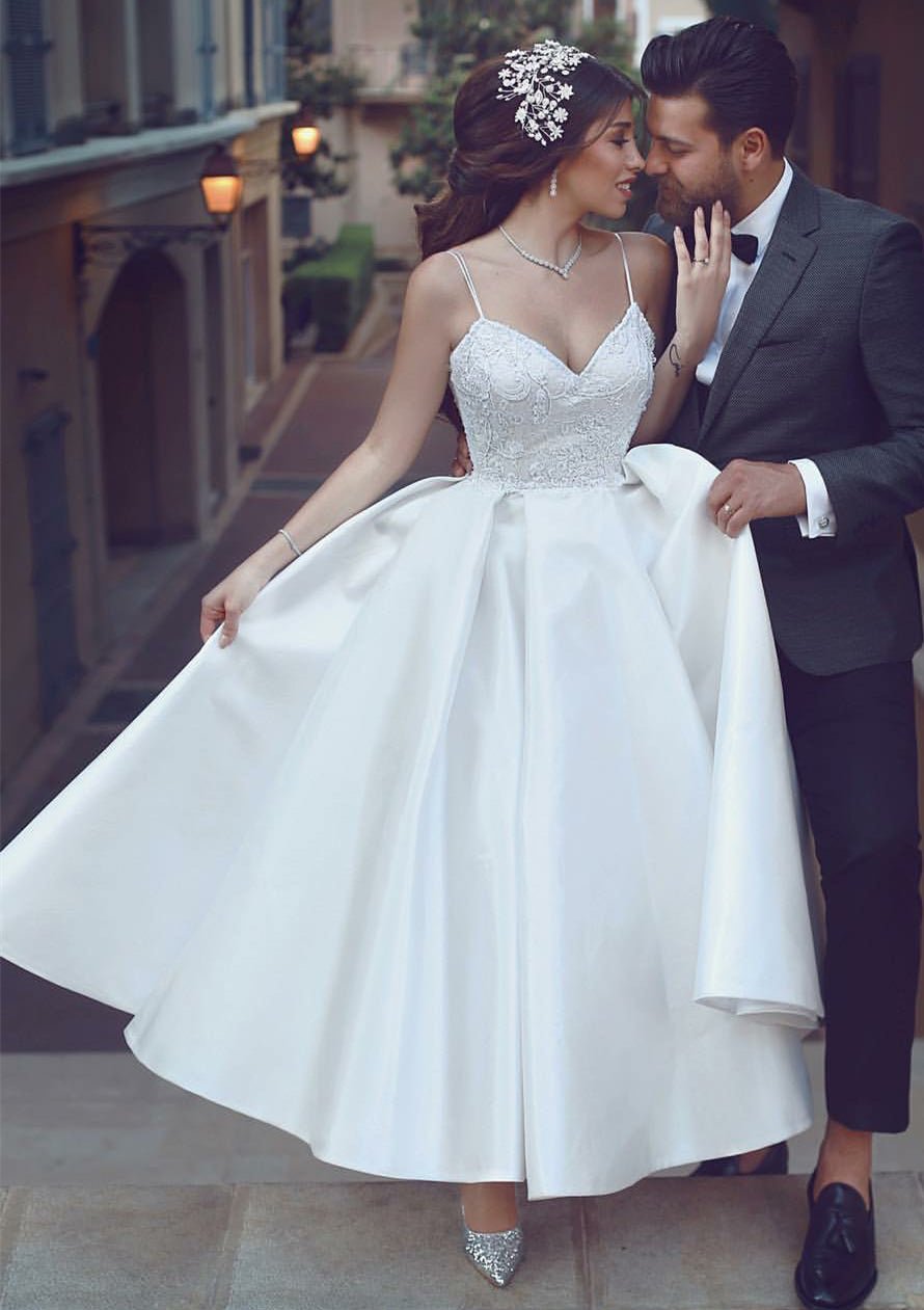 Ball Gown Sweetheart Sleeveless Ankle-Length Satin Wedding Dress With Lace - dennisdresses