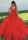 Ball Gown V Neck Court Train Lace Tulle Prom Dress With Appliqued Beading - dennisdresses