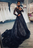 Ball Gown V Neck Full/Long Sleeve Chapel Train Lace Wedding Dress - dennisdresses