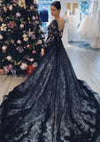 Ball Gown V Neck Full/Long Sleeve Chapel Train Lace Wedding Dress - dennisdresses