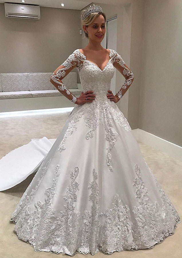 Ball Gown V Neck Full/Long Sleeve Chapel Train Satin Wedding Dress With Appliqued Lace - dennisdresses