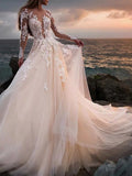 Beach A-Line Wedding Dresses Court Train Floral Open Back Long Sleeve Jewel Neck Lace With Appliques 2023 Bridal Gowns / See-Through